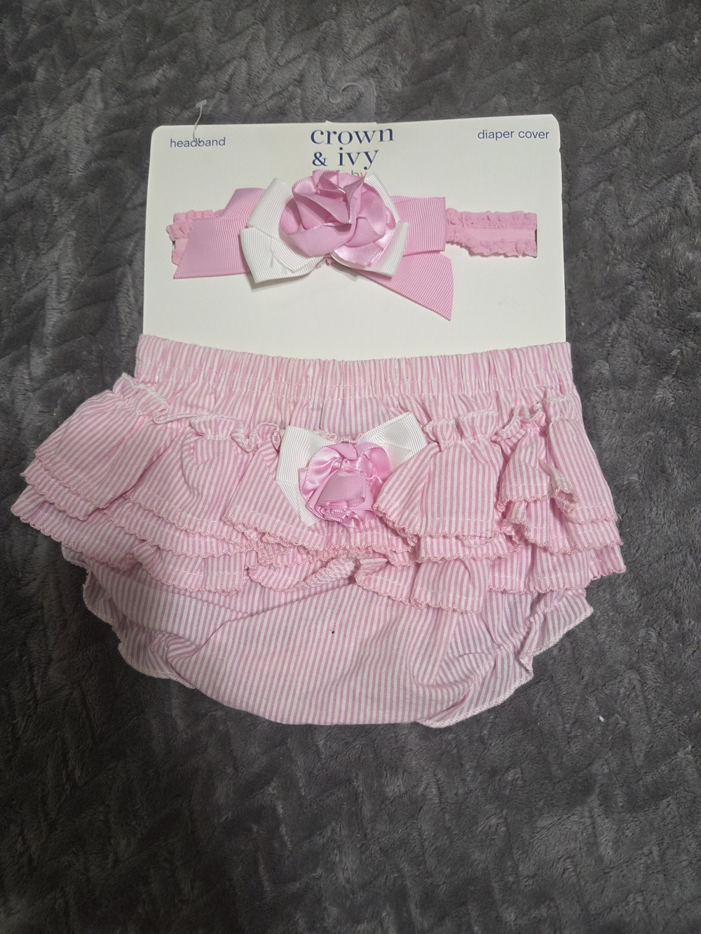 crown & ivy Pink Striped Ruffle Diaper Cover with Matching Headband